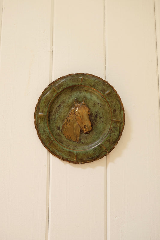 Vintage Metal Tin Horse Plate with Hook to Hang