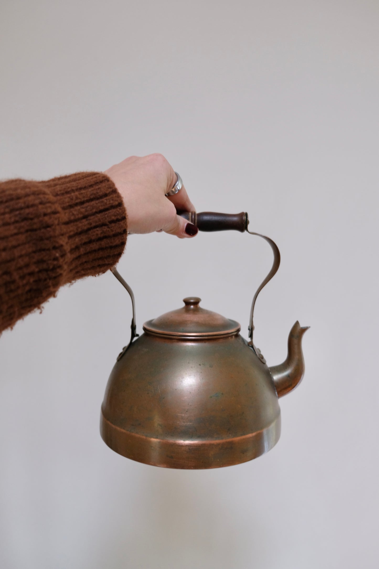 Portuguese Copper Kettle with Wooden Handle — 9” x 8”