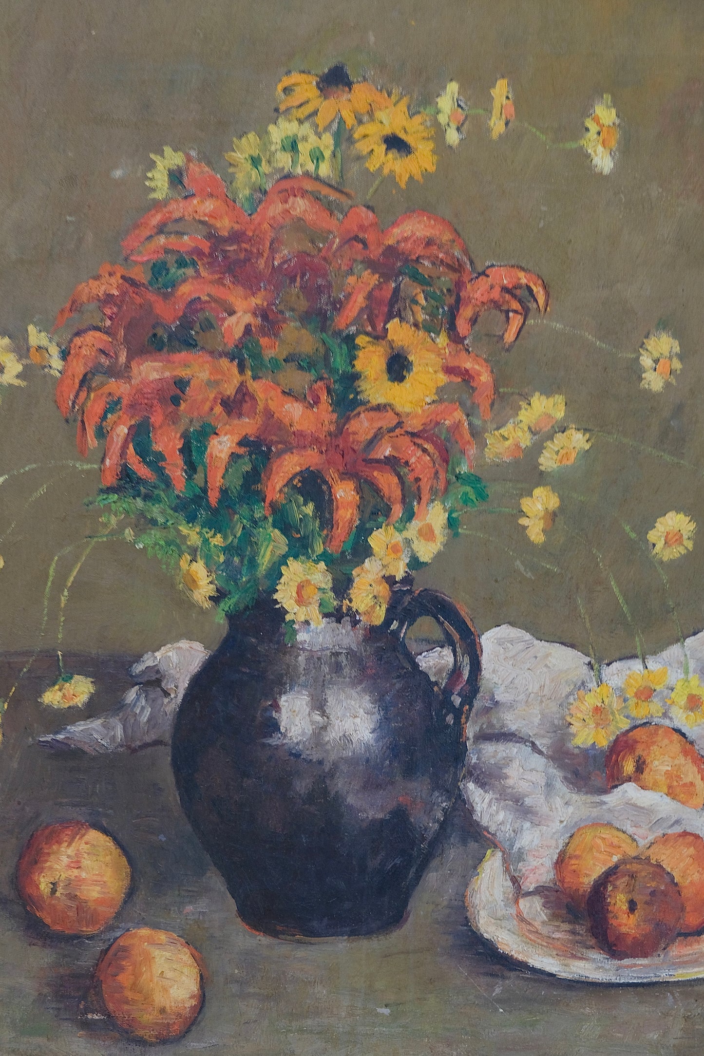 Large Vintage Still Life Painting with Lilies and Peaches (Framed, 27” x 23”)