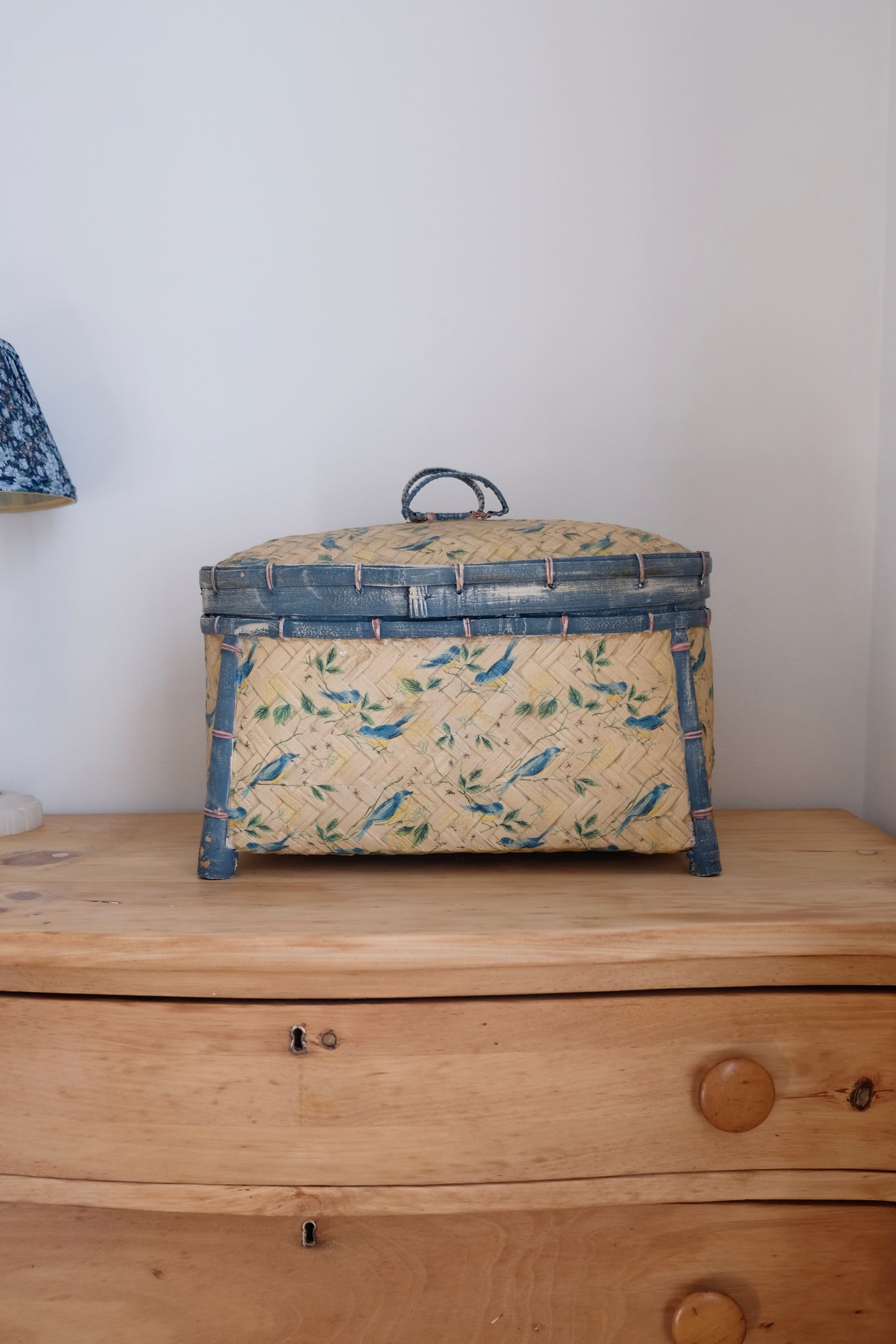 Vintage Painted and Signed Lidded Basket with Birds