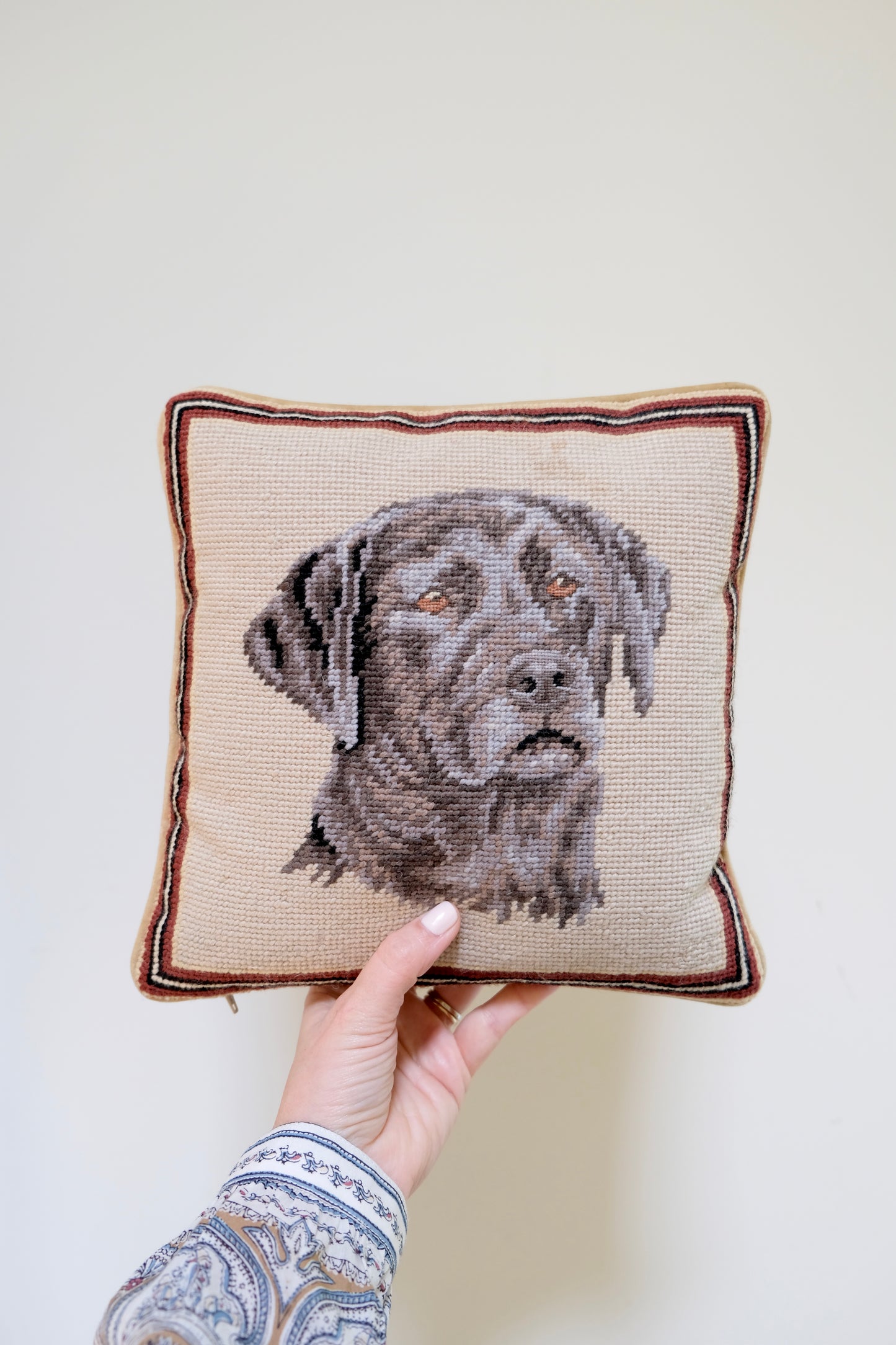 Vintage Needlepoint Chocolate Lab Pillow