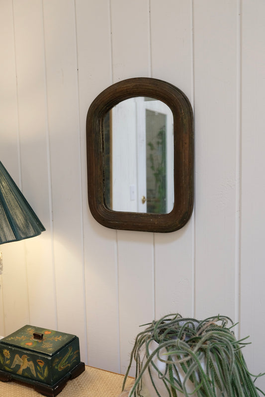 Antique Arched Top Wood Mirror with Original Aged Glass, European Style