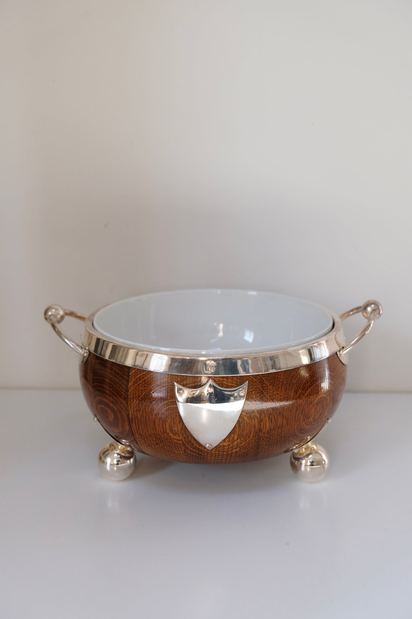 Antique English Oak Trophy Bowl with Insert and Ball Feet