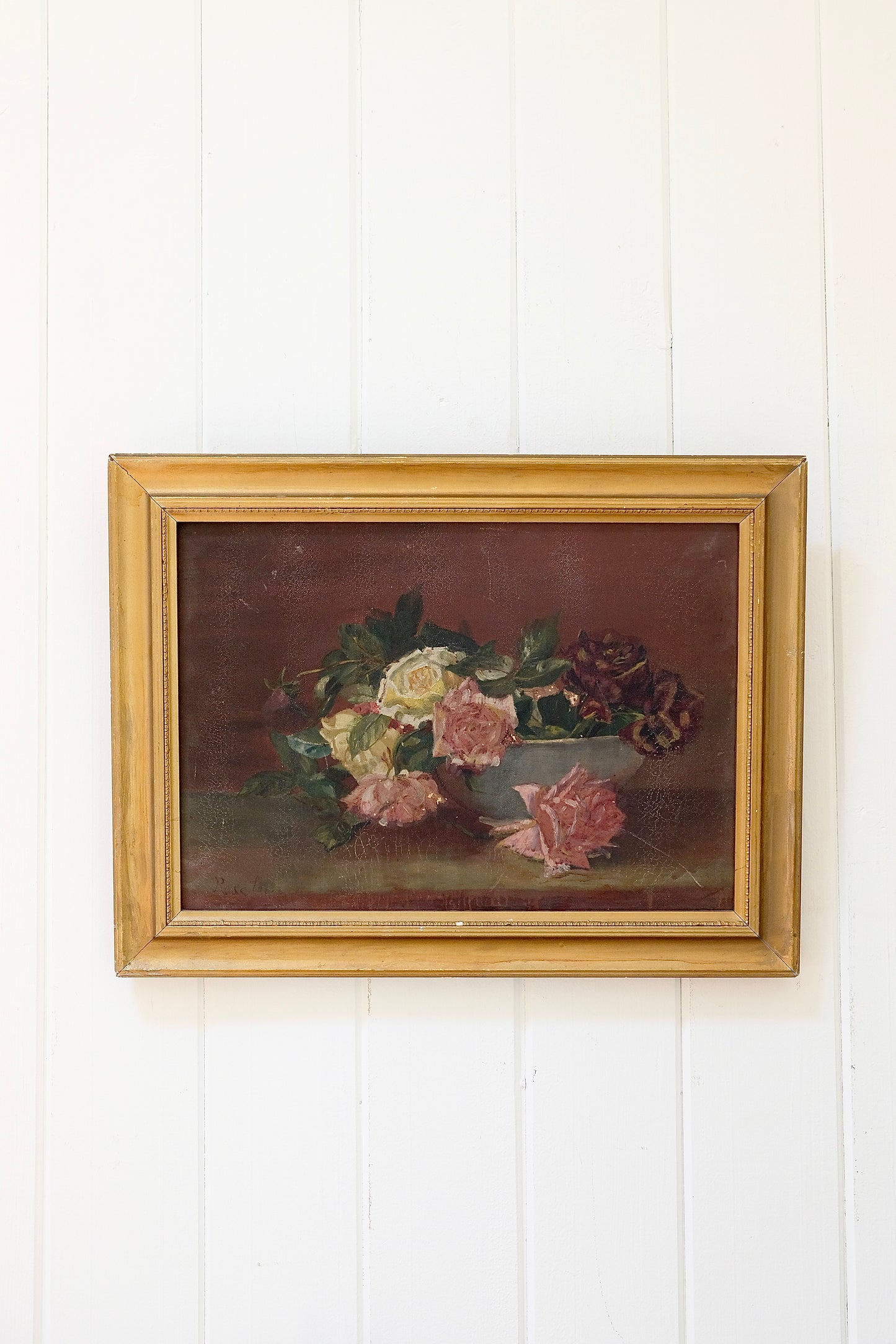Antique Signed Rose Still Life Oil Painting in Original Gilt Frame