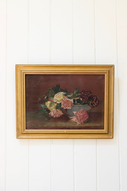 Antique Signed Rose Still Life Oil Painting in Original Gilt Frame