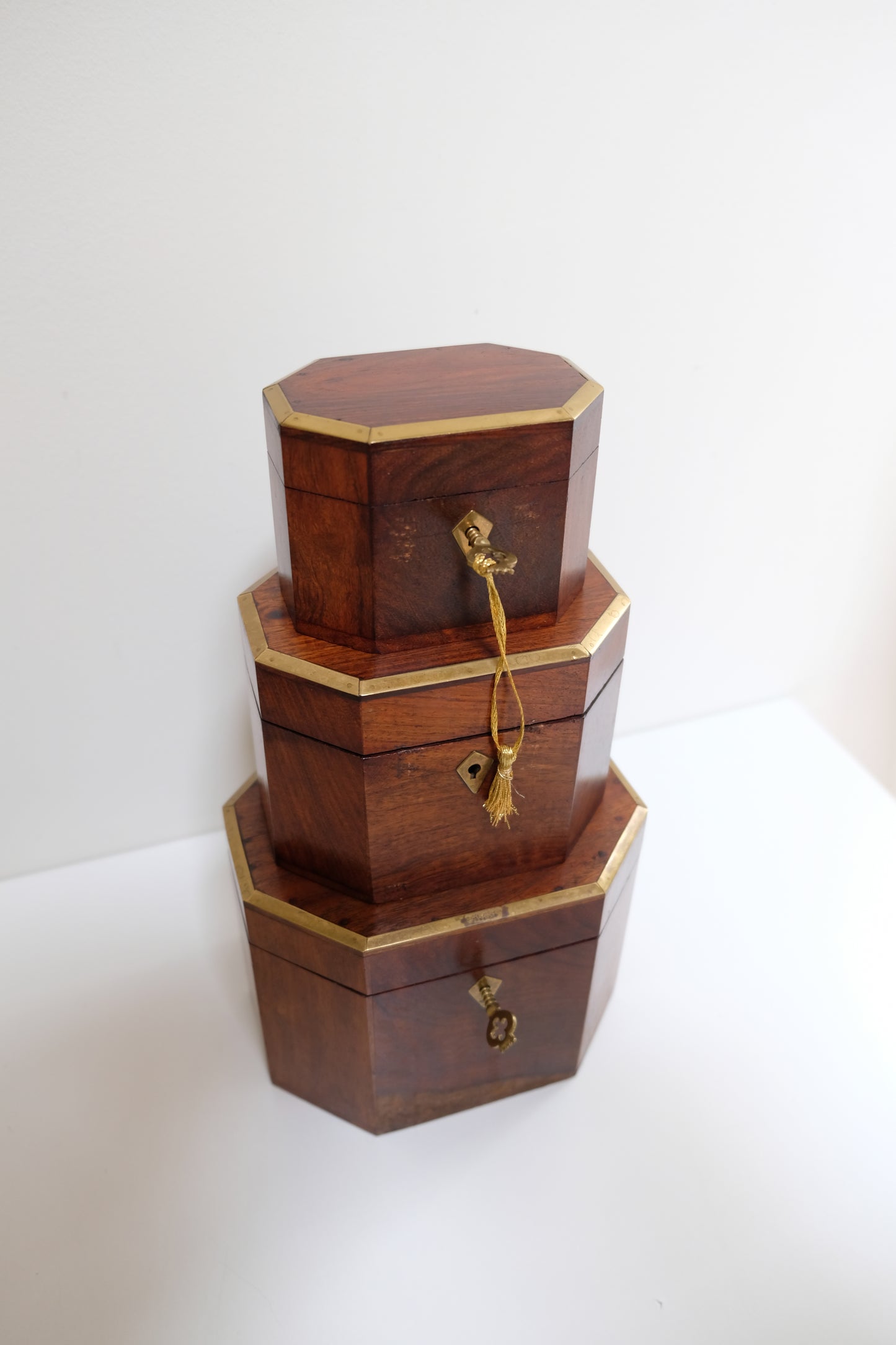 Vintage Nesting Tea Caddy Box Trio with Brass Accents and Keys
