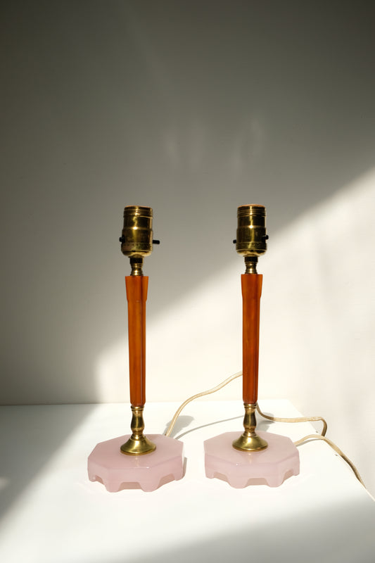 Pair of Vintage Art Deco Glass, Brass and Bakelite Lamps