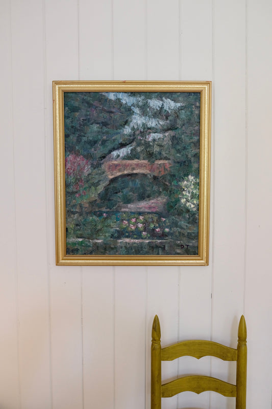 Vintage Signed Impressionist Oil Painting of Garden Bridge and Lilies (1990s)