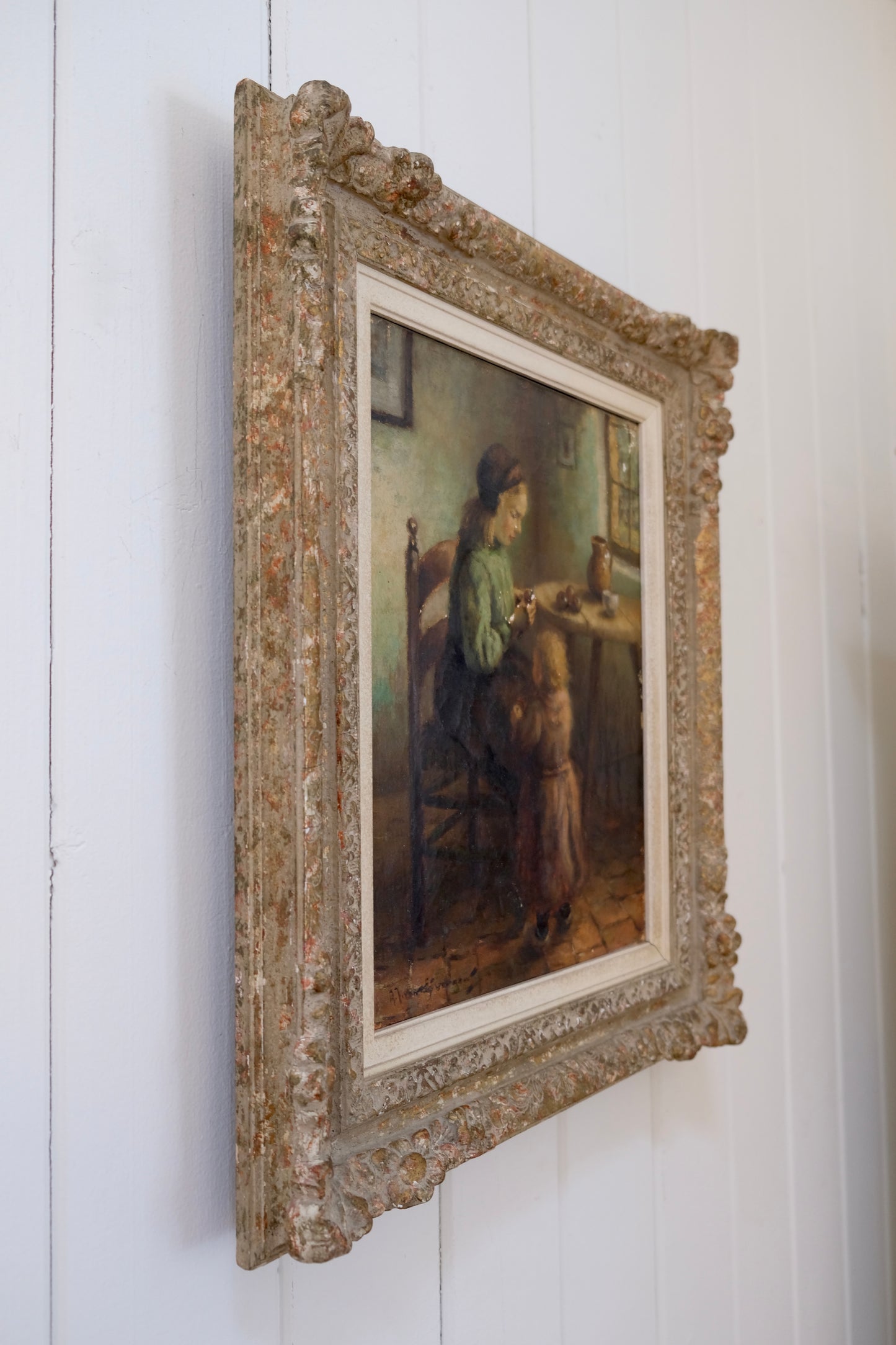 Signed Antique Mother And Child Oil Painting, Framed