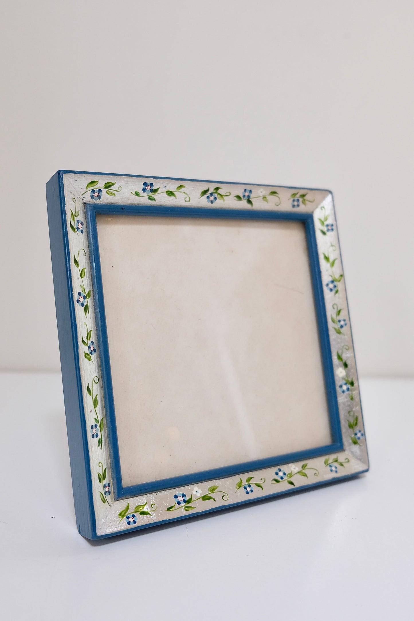 Vintage Hand-Painted Silver and Blue Wooden Frame