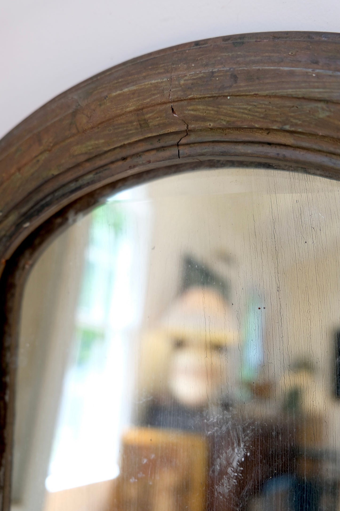 Antique Arched Top Wood Mirror with Original Aged Glass, European Style