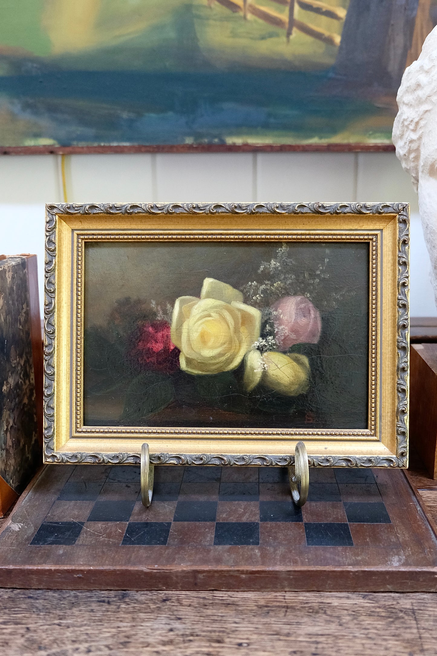Antique Framed Rose Oil Painting