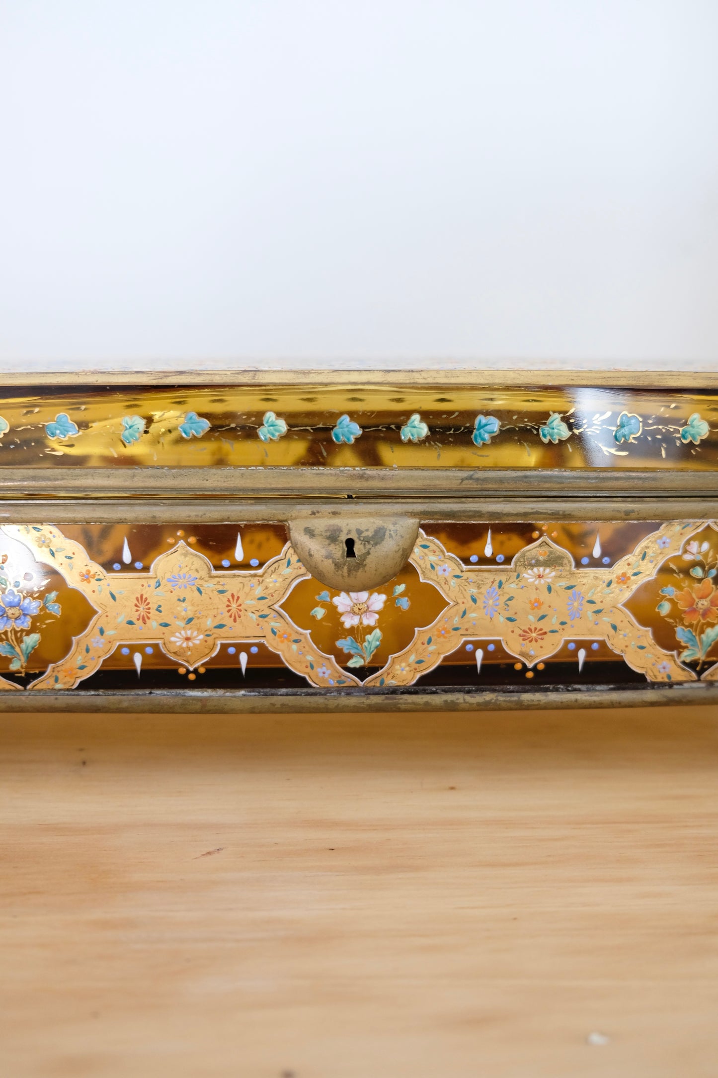 Antique Bohemian Hand Painted Amber Glass Glove Casket Attributed to Moser