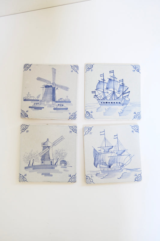 Set of 4 Vintage Delft Blue Tiles