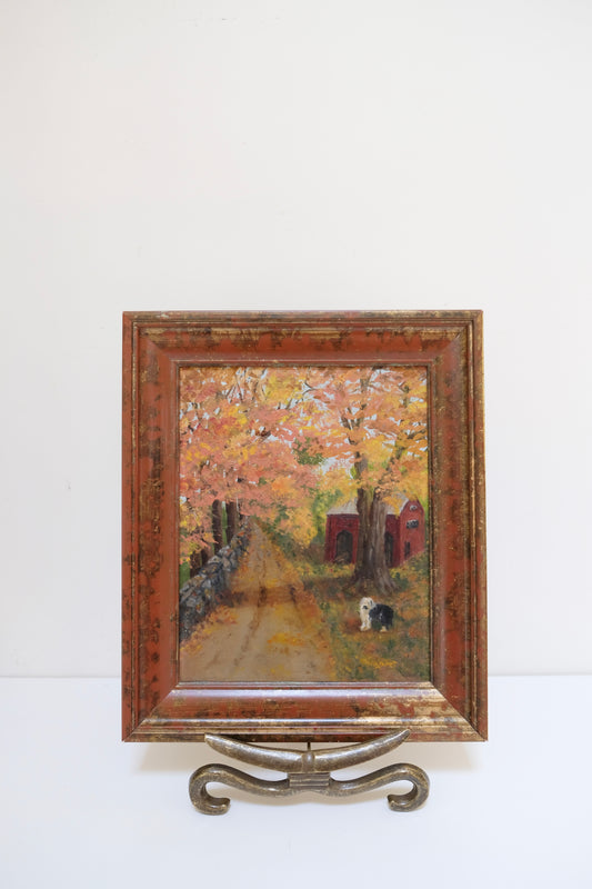 Vintage New England Oil Painting with Sheep Dog