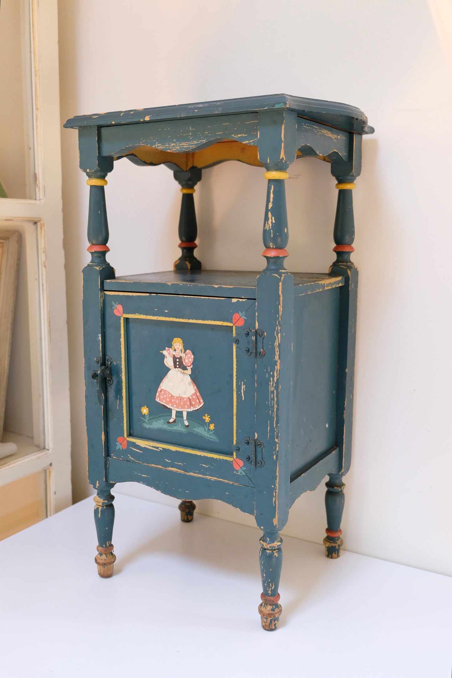 Antique Hand-Painted Folk Art Smoking Stand with Copper-Lined Interior