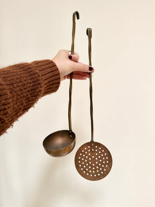 Pair Vintage Long Copper Ladle and Copper Strainer