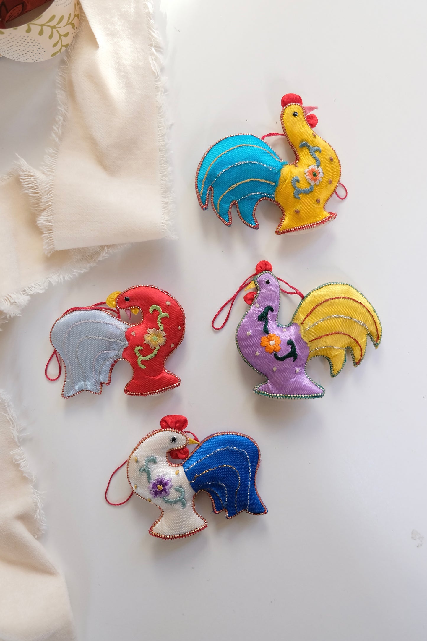 Vintage Satin Embroidered Chicken Ornaments
