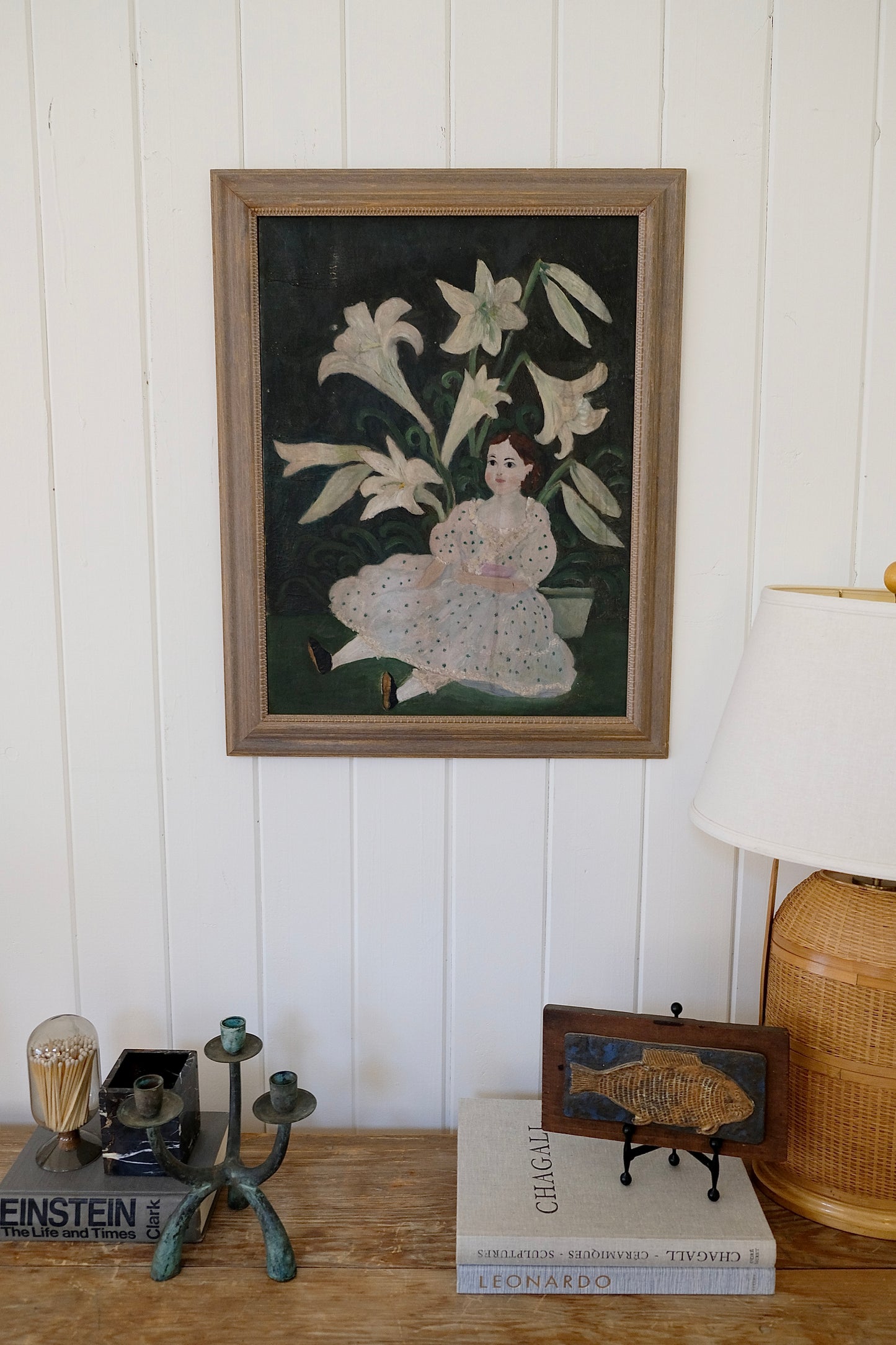 Vintage Floral Doll Painting with White Lilies
