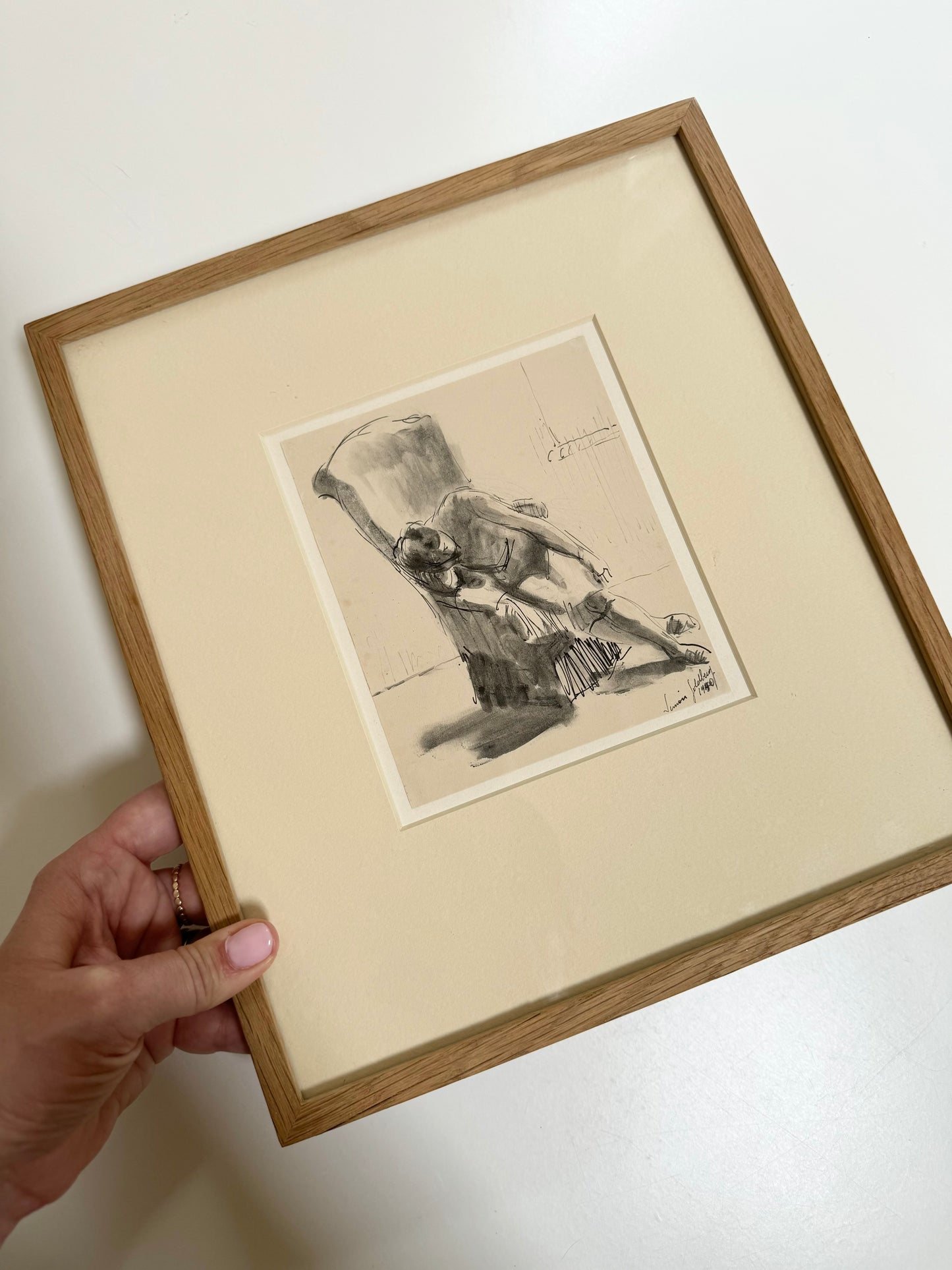 Framed Etching of Leaning Woman