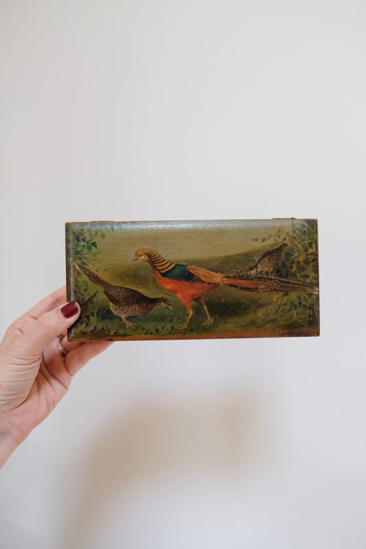 Hand Painted and Signed Antique Wooden Pencil Box with Birds