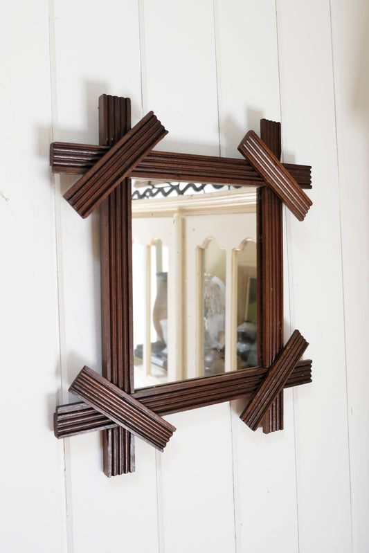 Large Antique Wooden Tramp Art Mirror