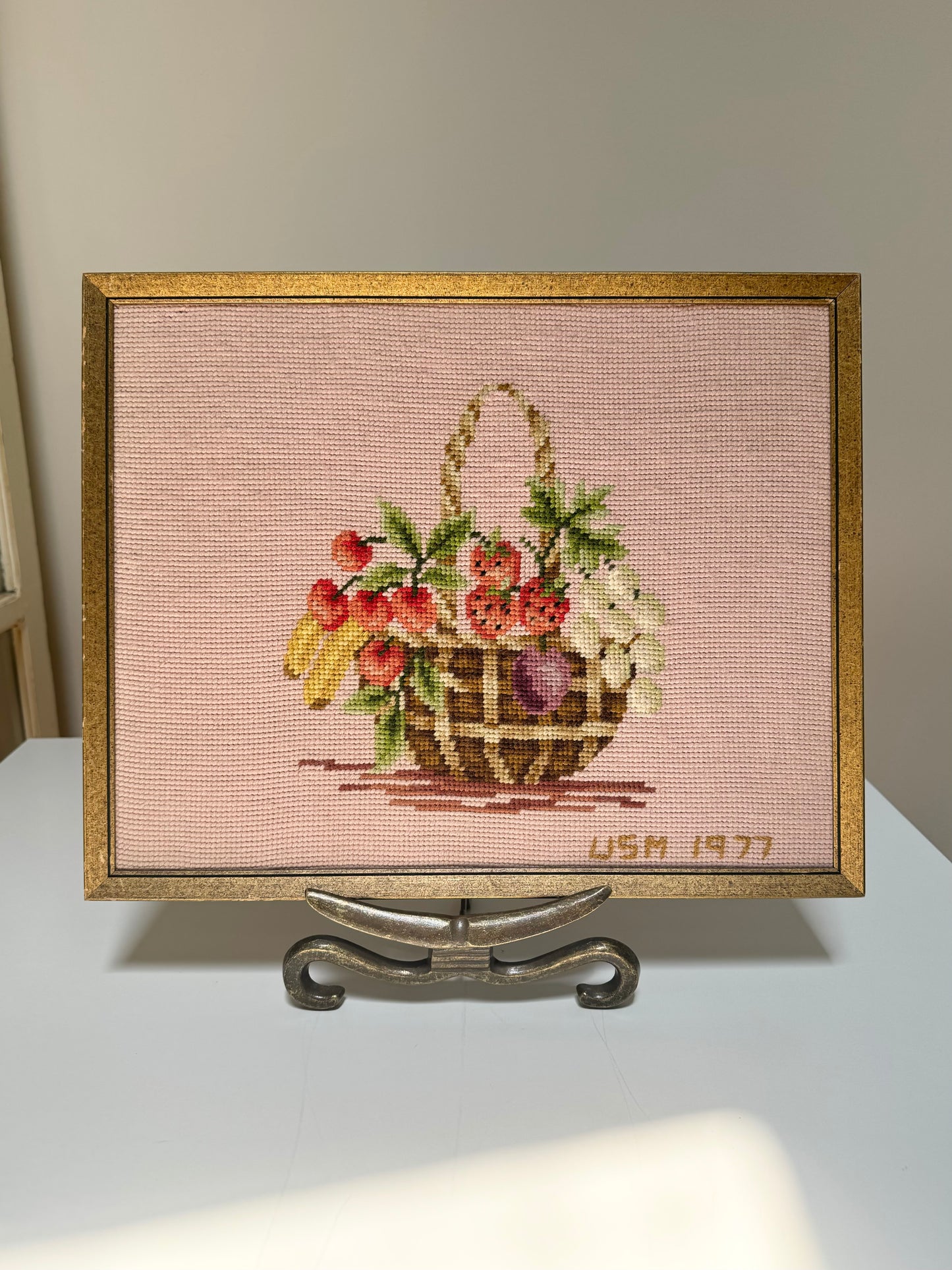 Vintage Framed Needlepoint of Summer Fruit Basket