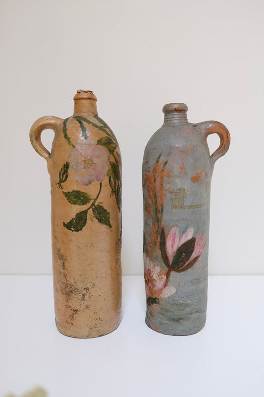 Hand-Painted Stamped Antique Stoneware Bottles
