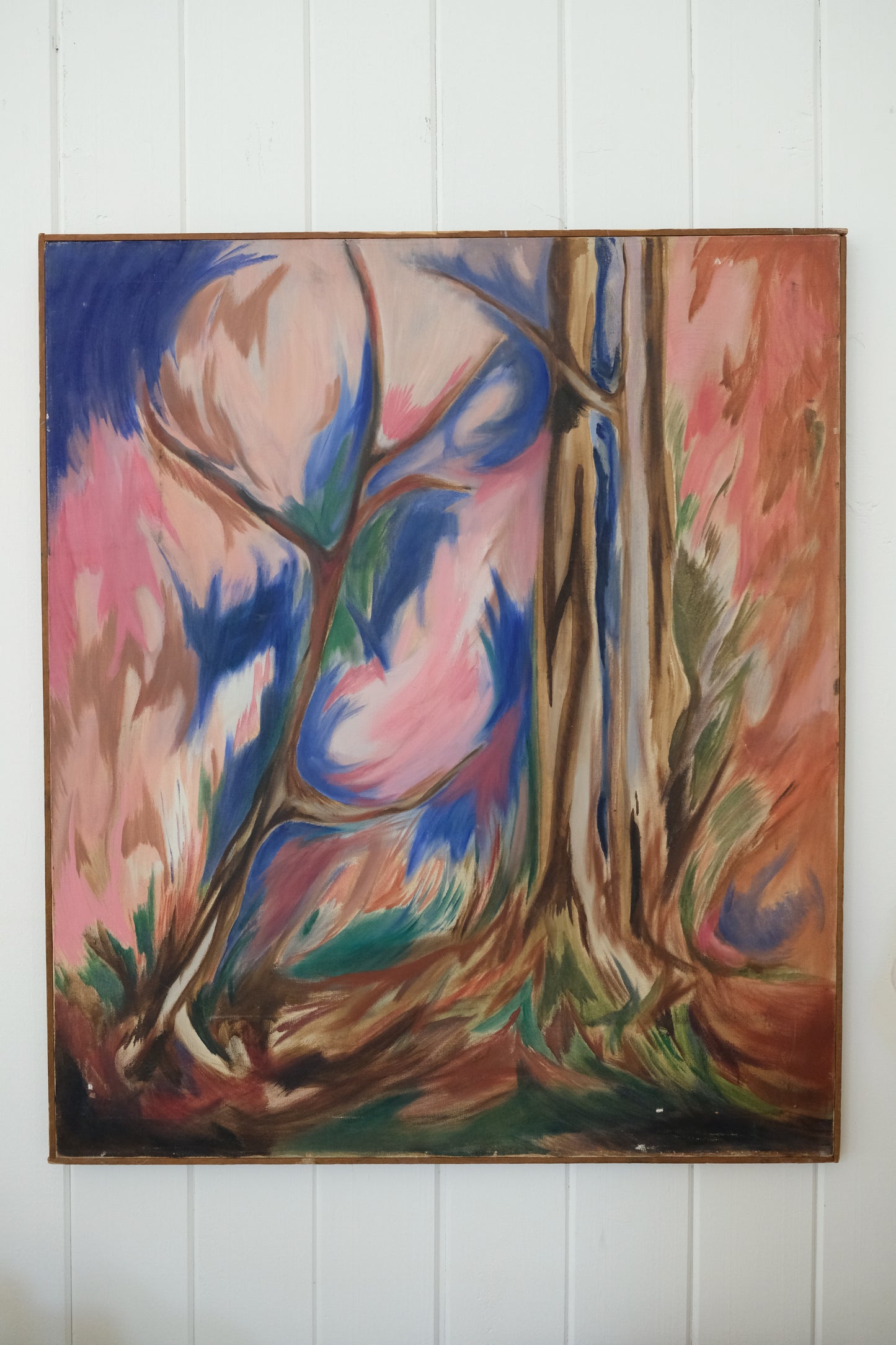 Large Vintage Expressionist Abstract Landscape with Trees