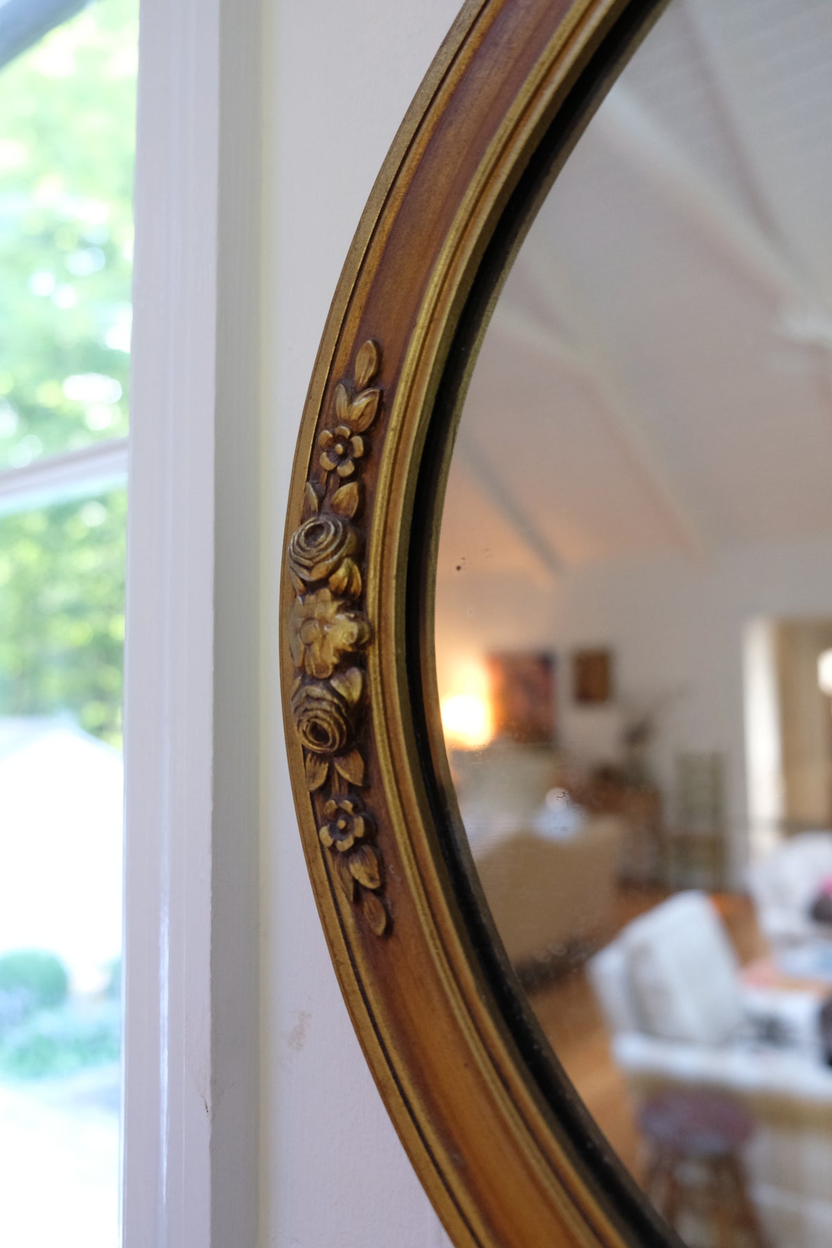 Vintage Carved Wood Gilt Oval Mirror with Floral & Bow Details