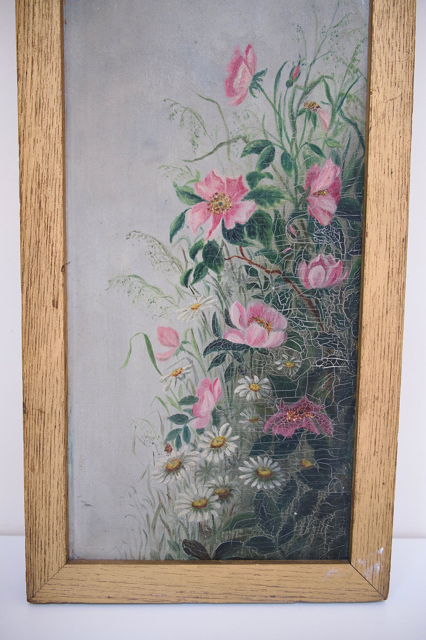 Antique Vertical Floral Oil Painting with Pink Blossoms and Daisies