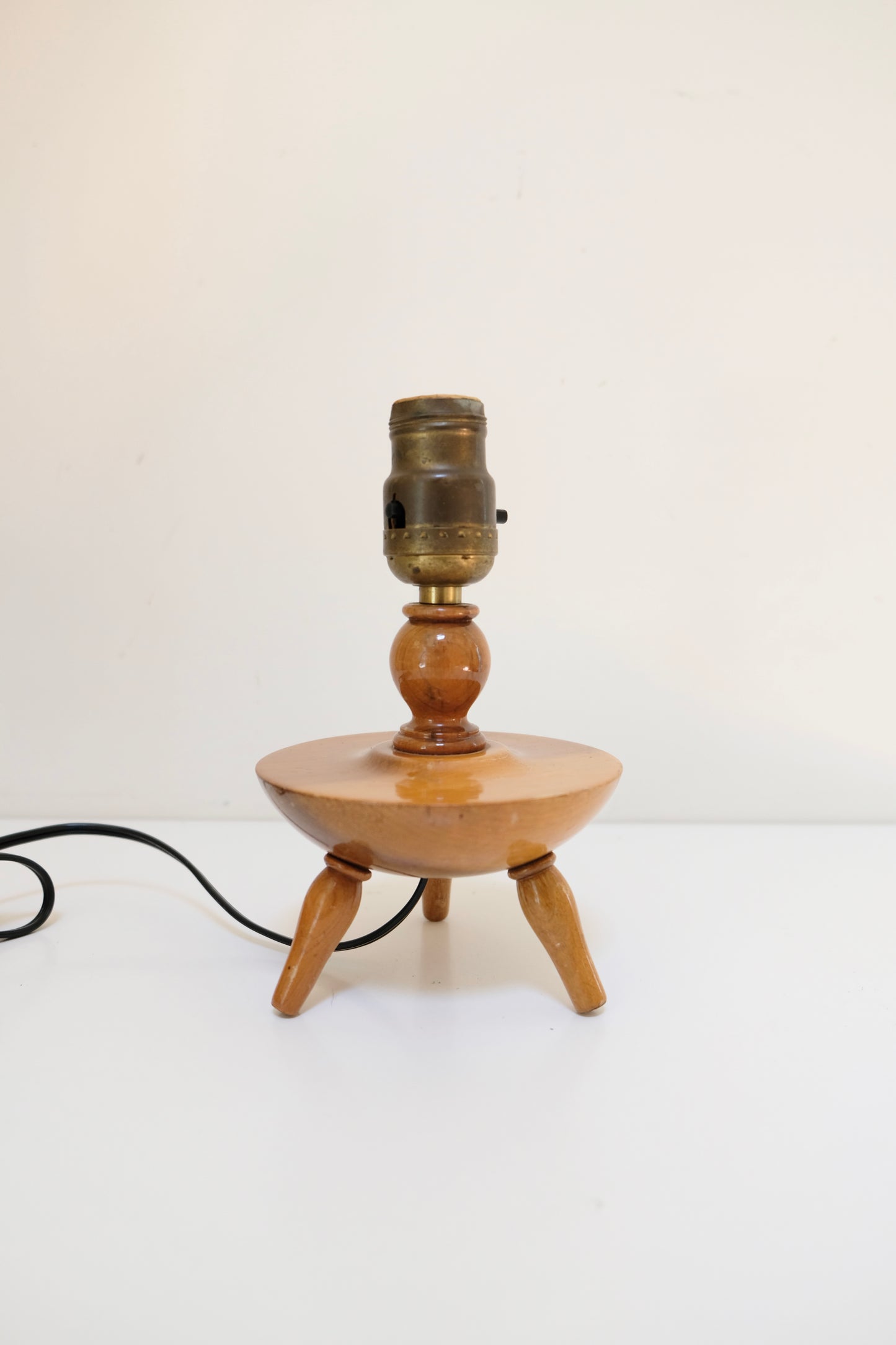 Vintage Turned Wood Tripod Table Lamp with Brass Socket, Newly Rewired