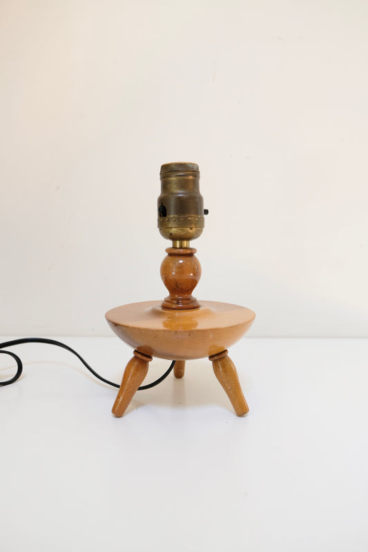 Vintage Turned Wood Tripod Table Lamp with Brass Socket, Newly Rewired