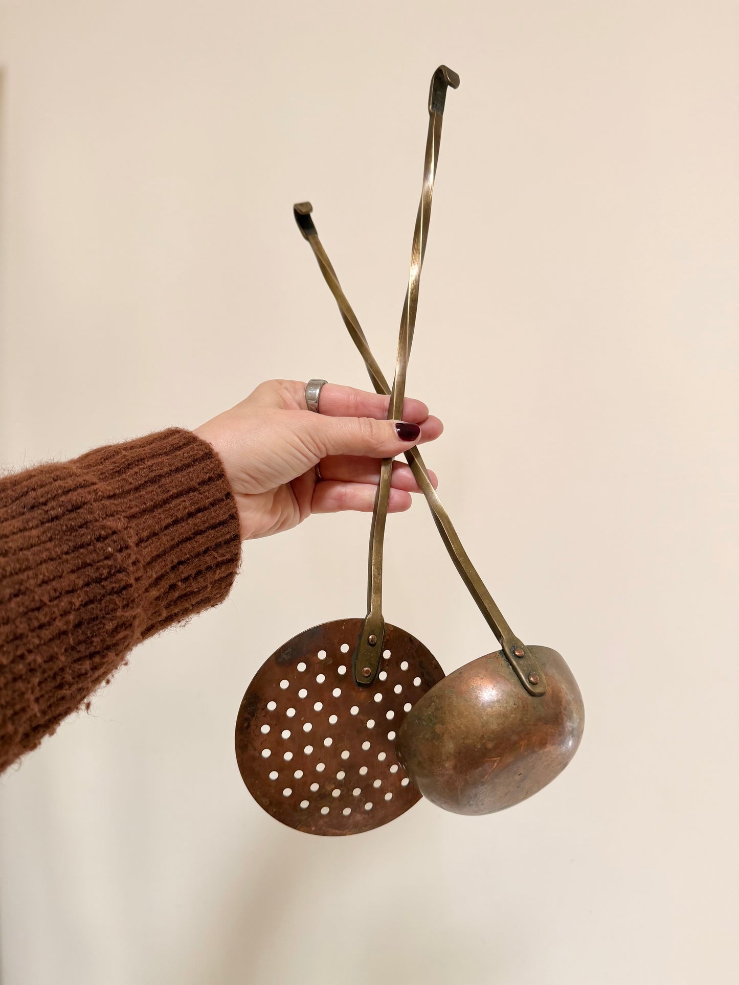 Pair Vintage Long Copper Ladle and Copper Strainer