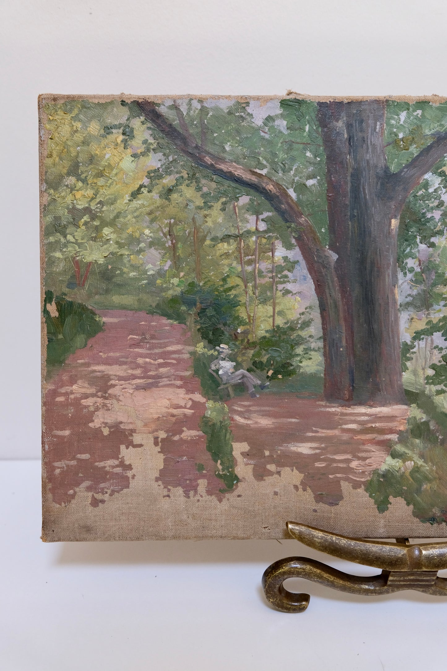 Antique European Impressionist Oil Landscape with Tiny Figure, Swiss Canvas
