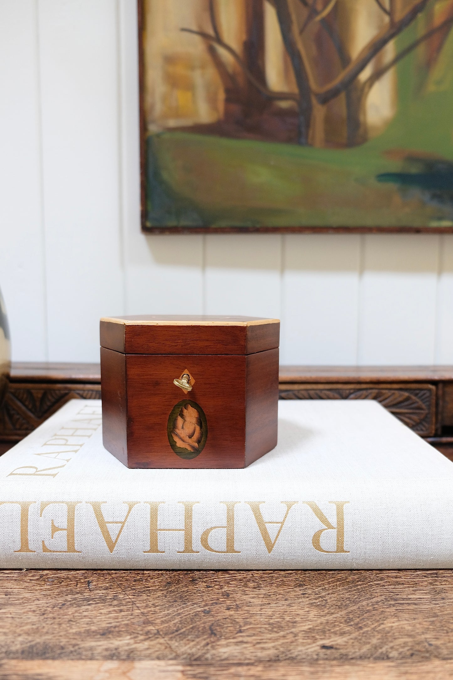 Vintage Wooden Tea Caddy with Key