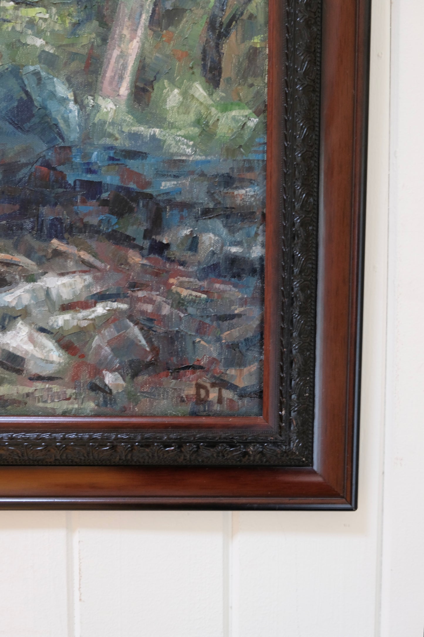 Large Framed Woodland Stream Landscape by New York Artist