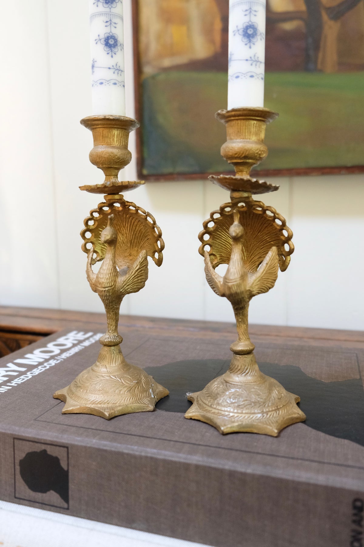 Pair of Antique Indian Brass Peacock Candlesticks