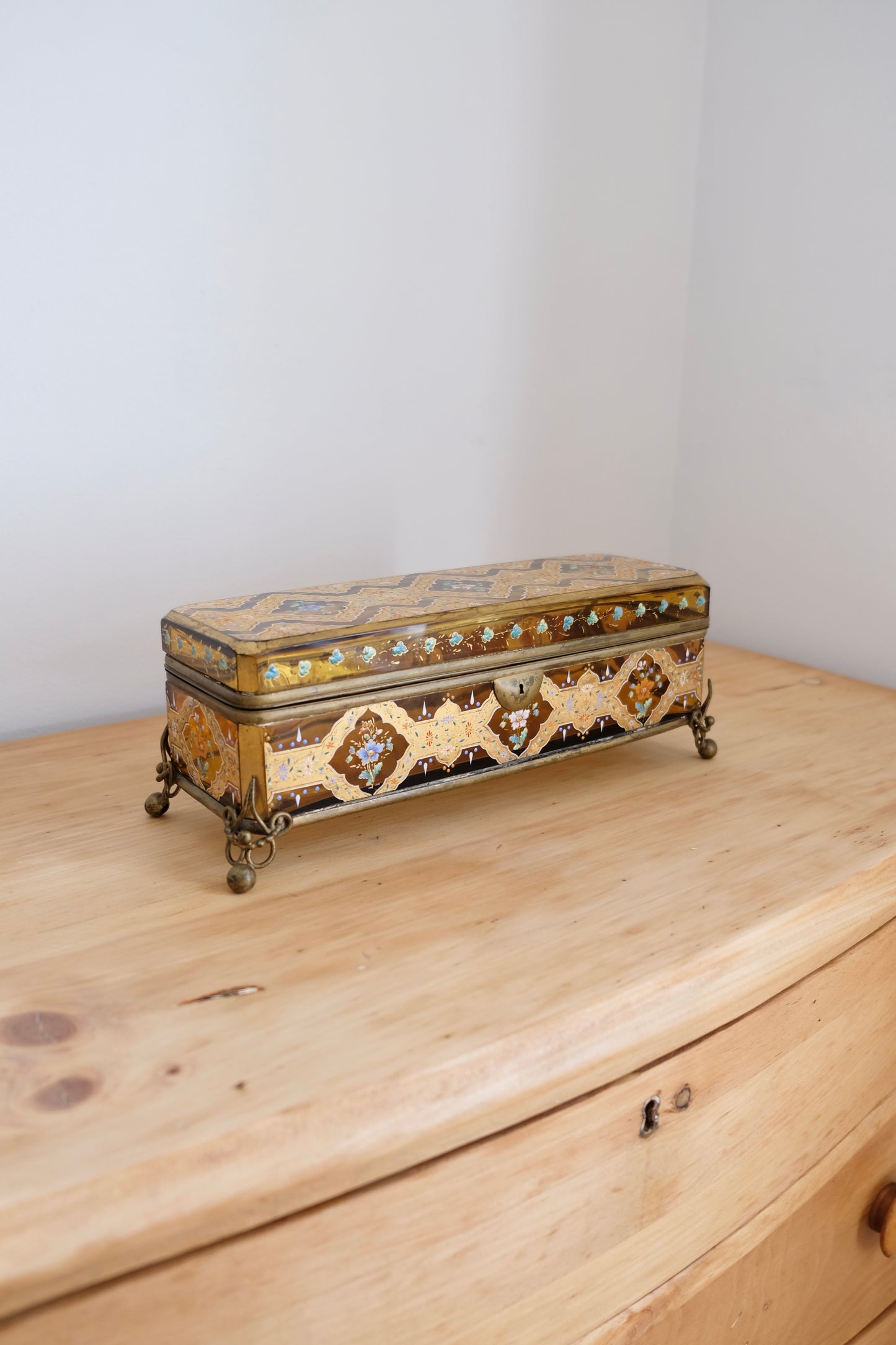 Antique Bohemian Hand Painted Amber Glass Glove Casket Attributed to Moser