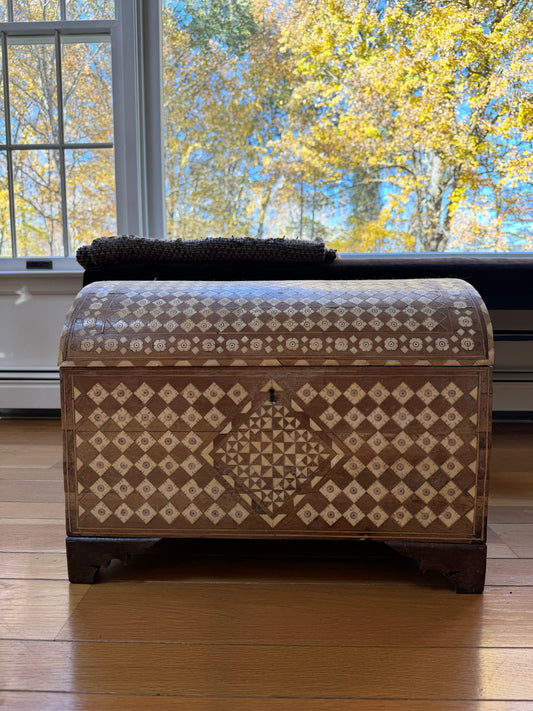 Antique Moroccan Wood and Inlaid Bone Fabric Lined Storage Chest