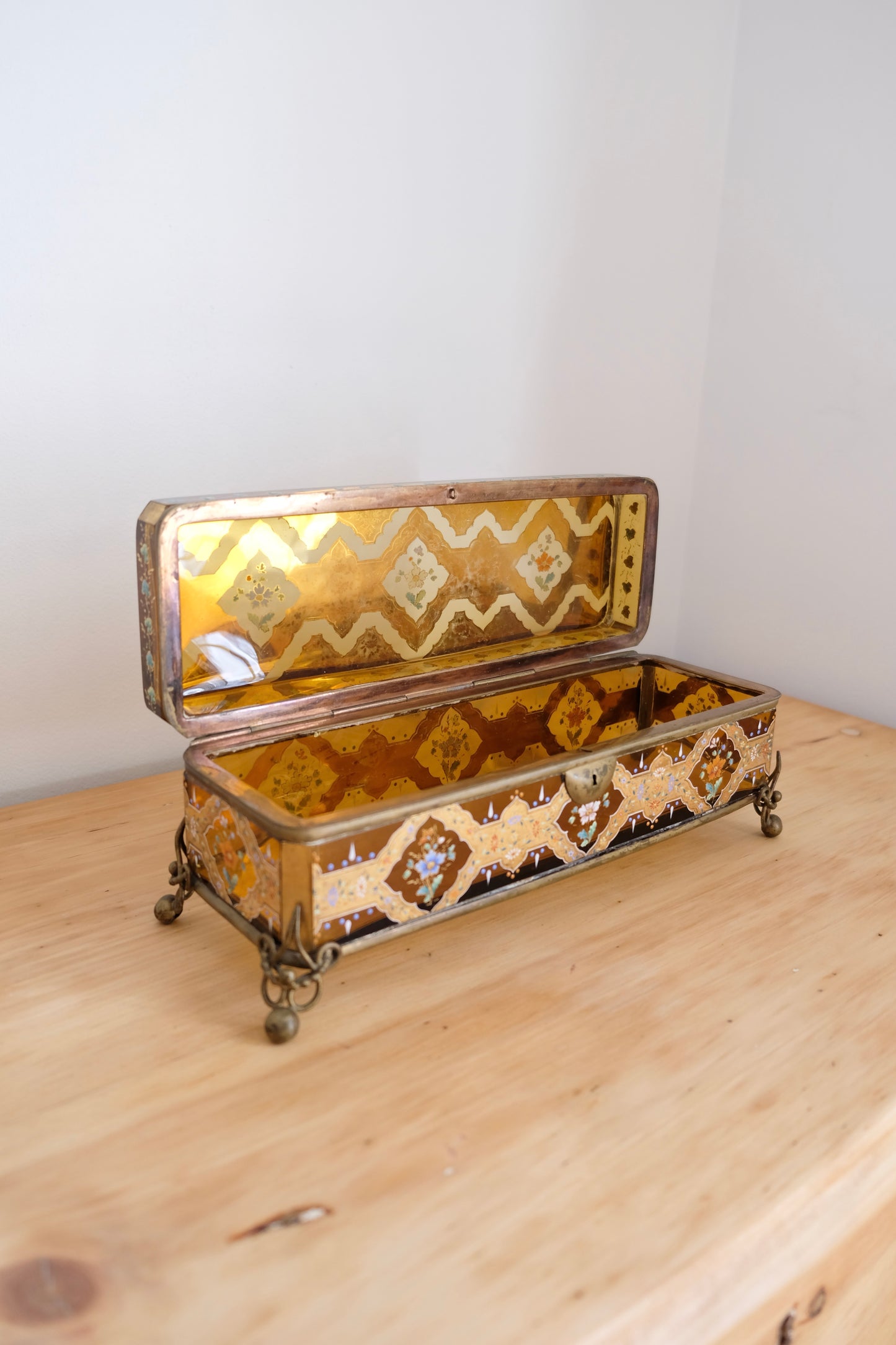Antique Bohemian Hand Painted Amber Glass Glove Casket Attributed to Moser