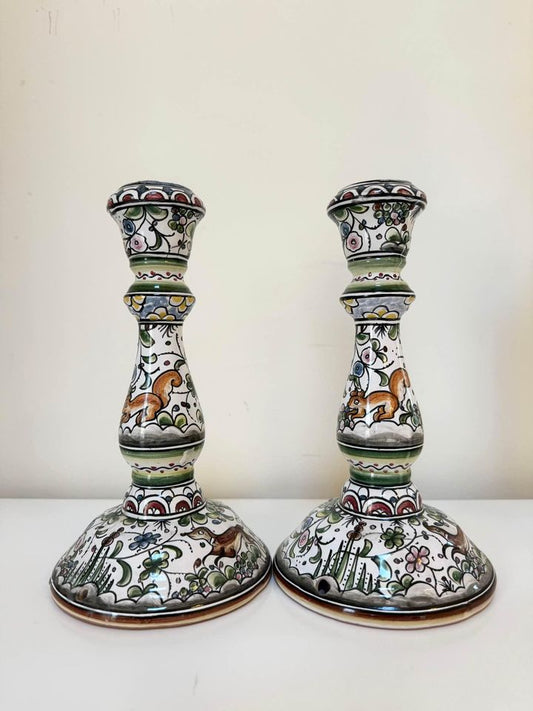Pair Of Hand Painted Ceramic Candlesticks - Made In Portugal
