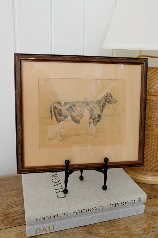 Vintage Framed Cow Drawing – 14” x 12”