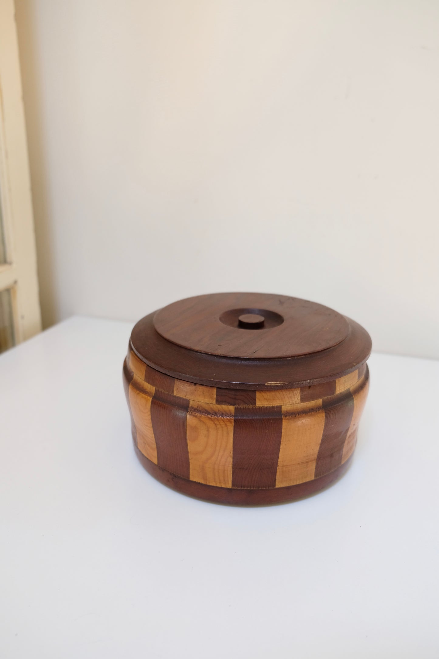 1940s California Redwood Striped Turned Wood Lidded Box with WWII-Era Provenance