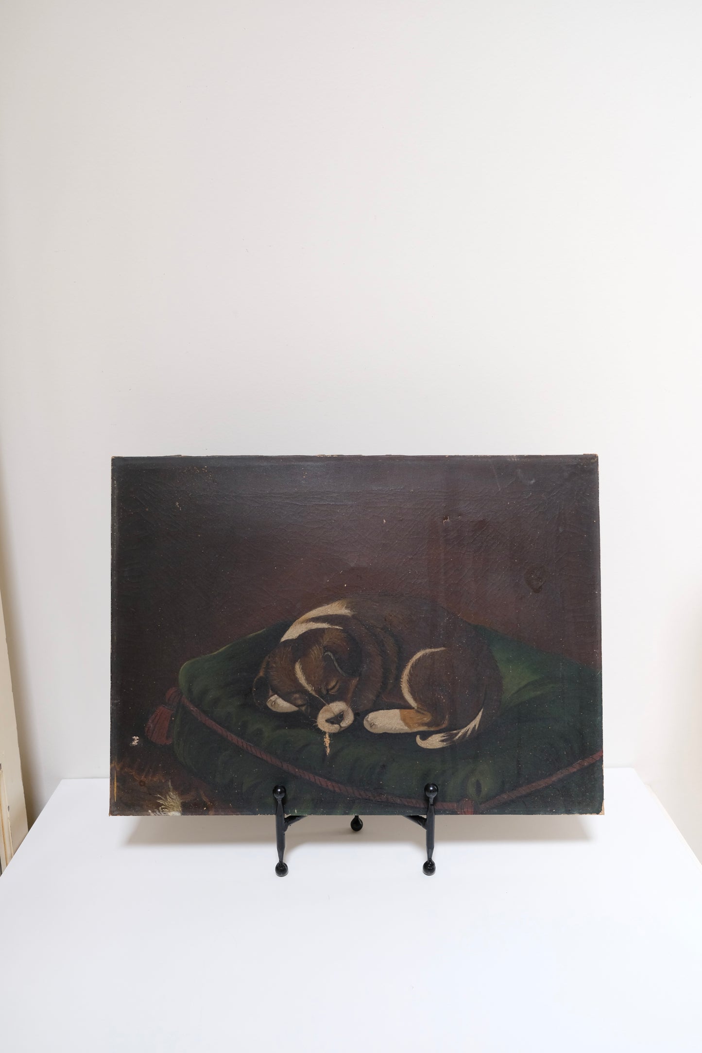Sleeping Puppy Antique Oil Painting