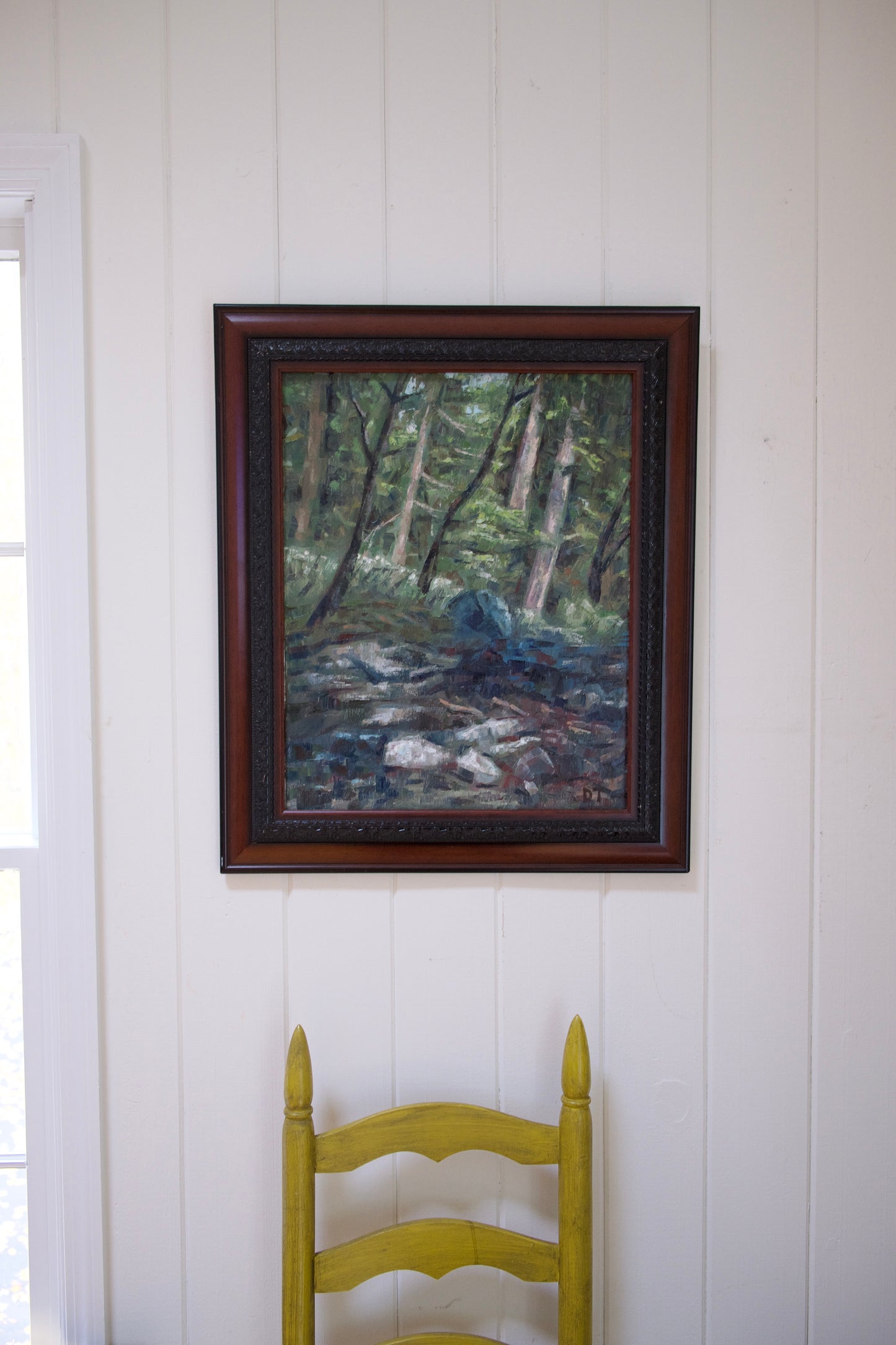 Large Framed Woodland Stream Landscape by New York Artist