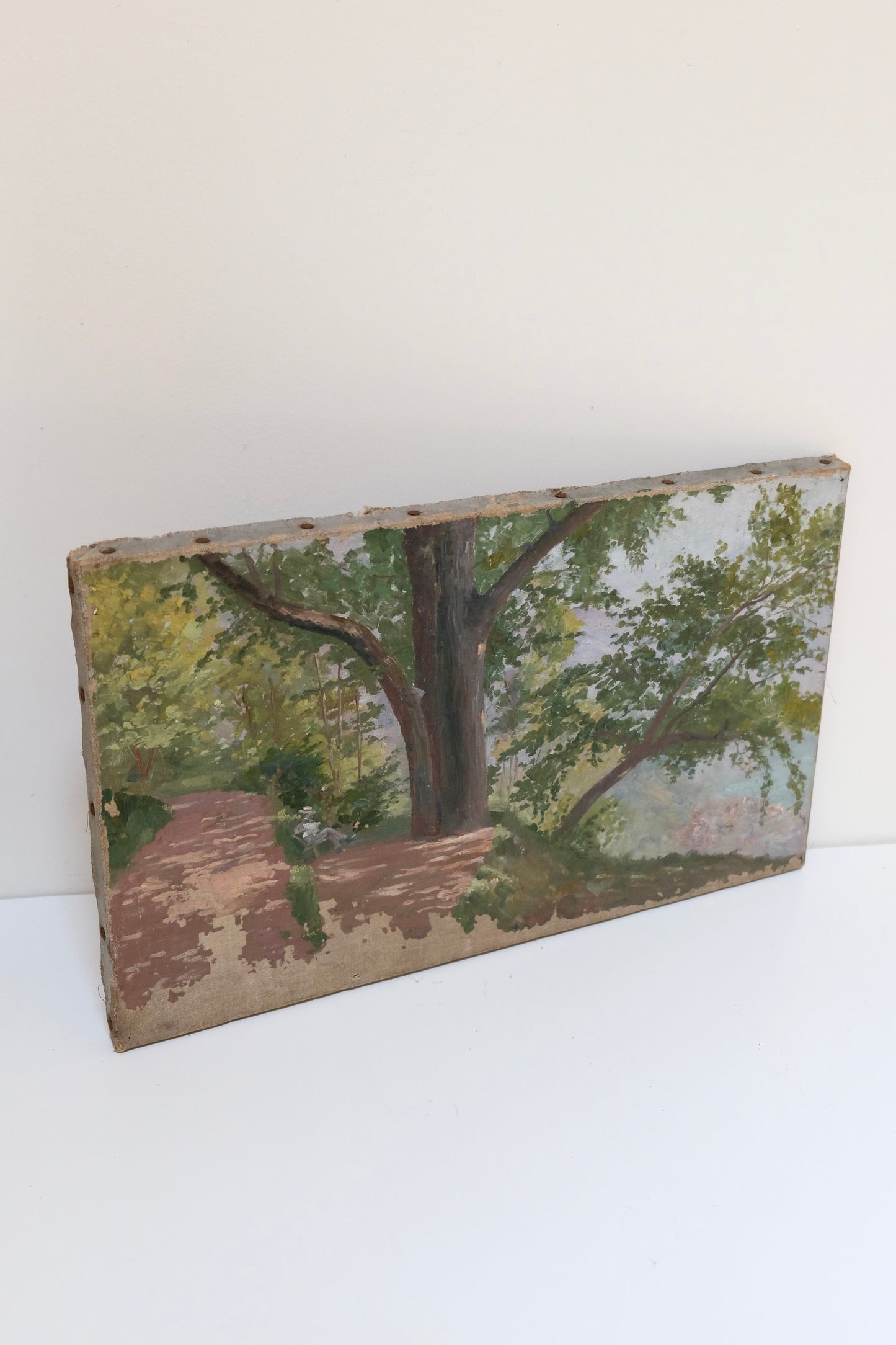 Antique European Impressionist Oil Landscape with Tiny Figure, Swiss Canvas