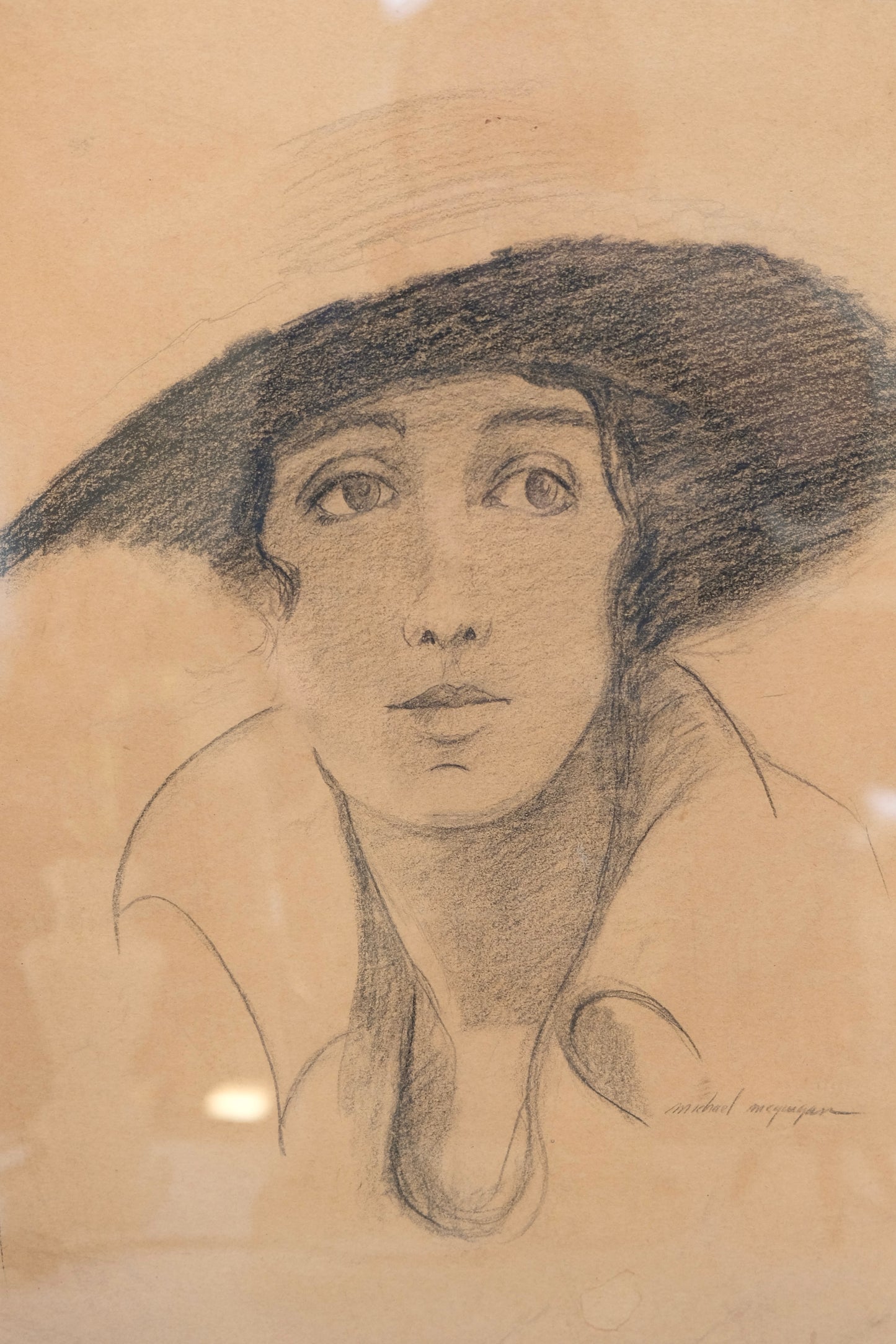 Signed Charcoal Portrait of Woman in Wide-Brimmed Hat, Professionally Framed