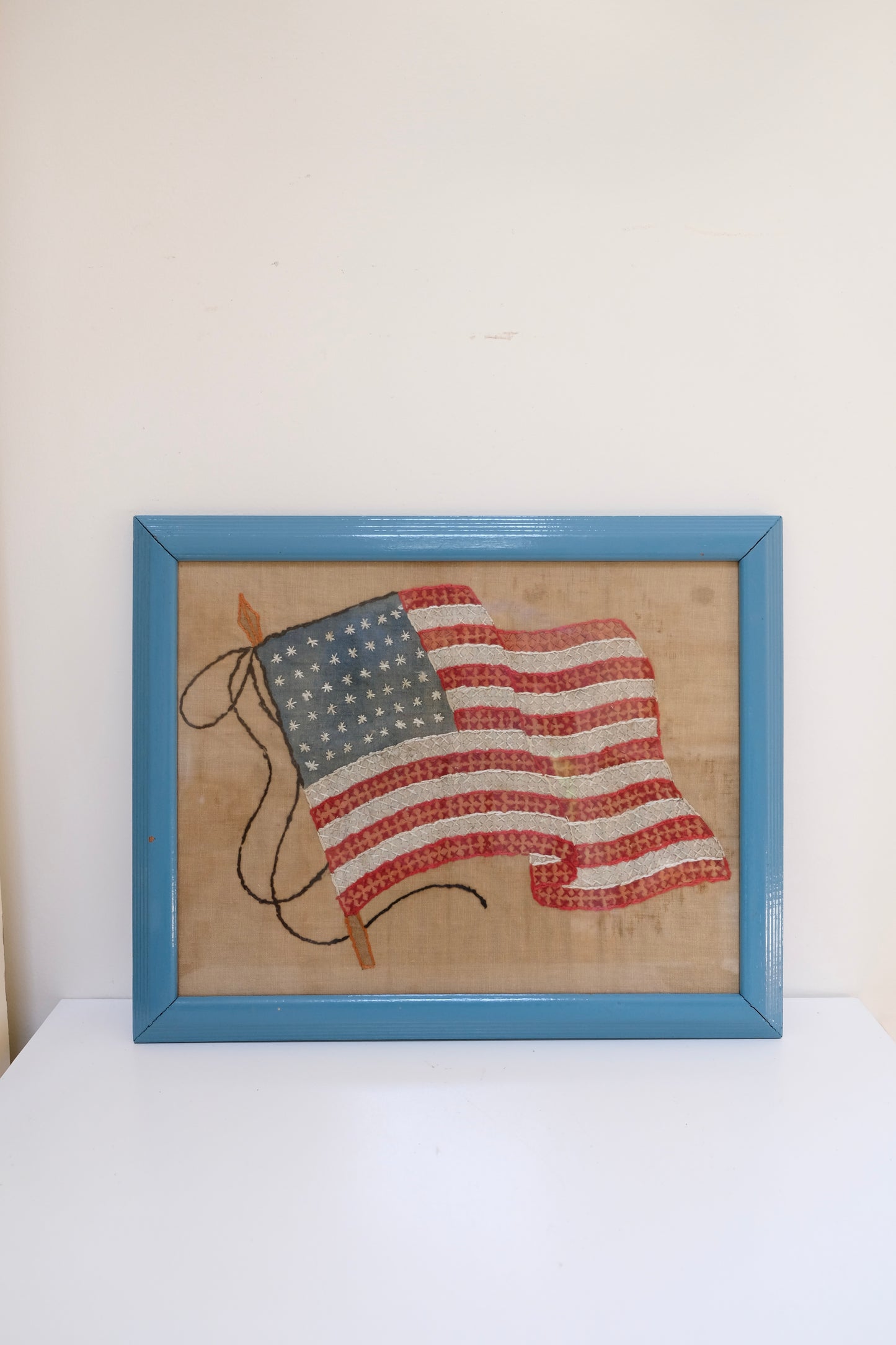 Vintage 48-Star American Flag Hand-Stitched Needlepoint in Blue Painted Frame