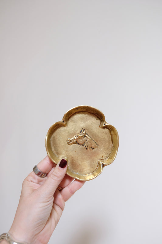 Mid-Century Solid Brass Clover Dish with Horse Cameo